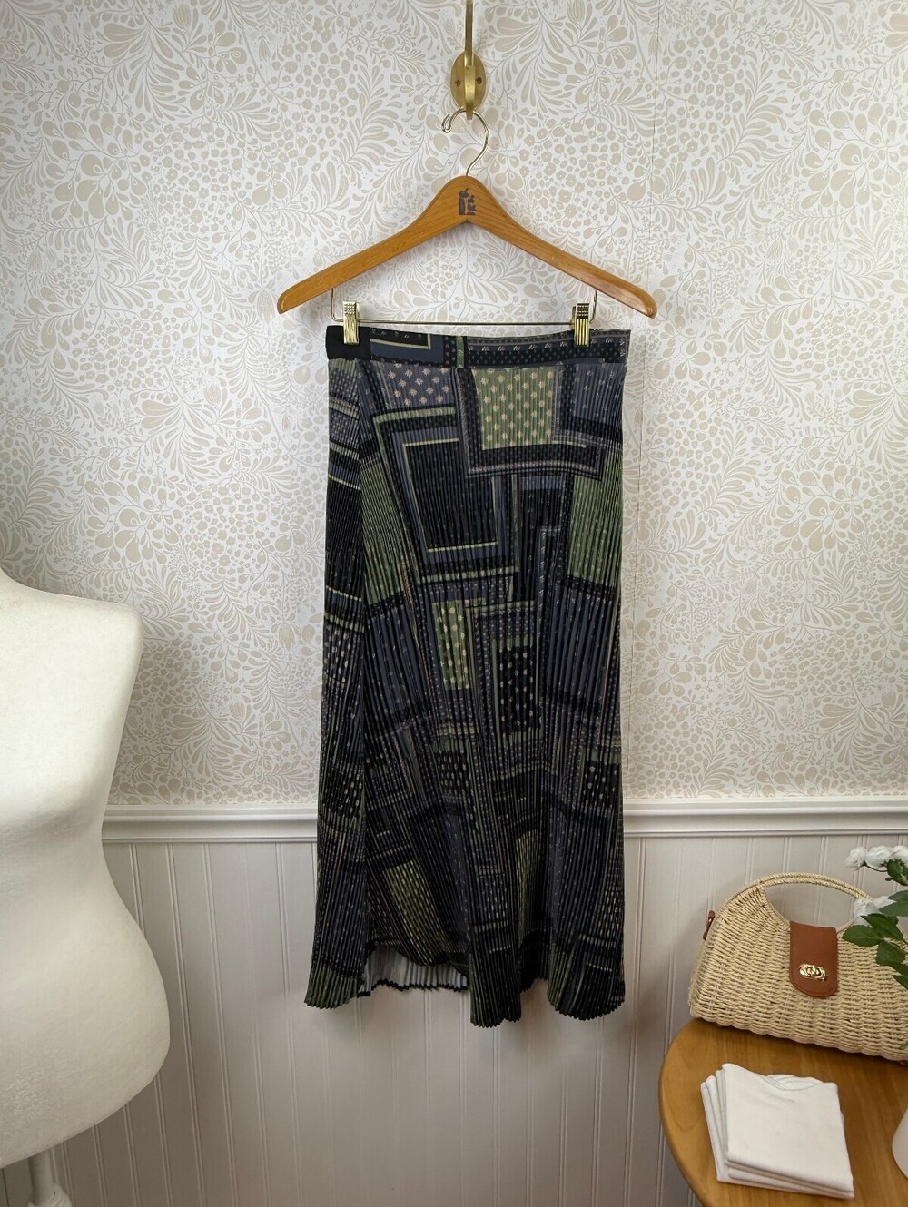 Barelli Green Retro Geometric Block Pattern Pleated Midi Skirt - Size - 6